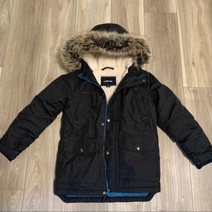 Lands’End, Kids Expedition Down Winter Parka, size S8, black with blue detailing